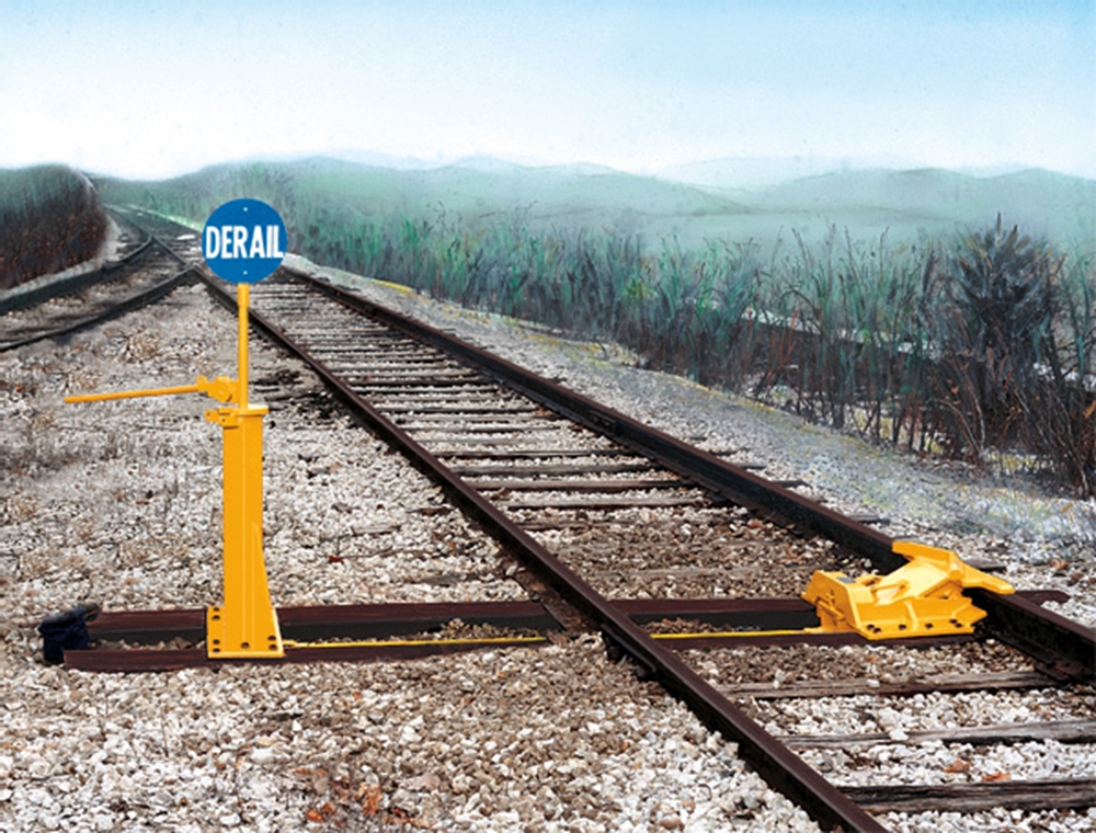 Two-Way Retractable Derail
Broad deflection angle derails six-axle locomotives as well as and freight cars. Derails in both directions. Derail is supplied with high-rise operating stand, connecting rod and blue derail sign. Weight 525 lbs.